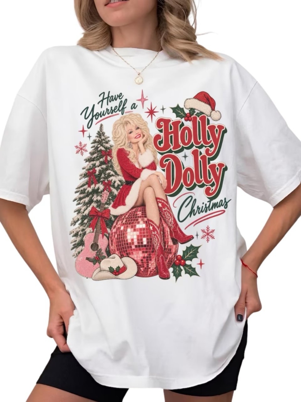 White 'Holly Dolly' Graphic Tee with Red & Green Holiday Print